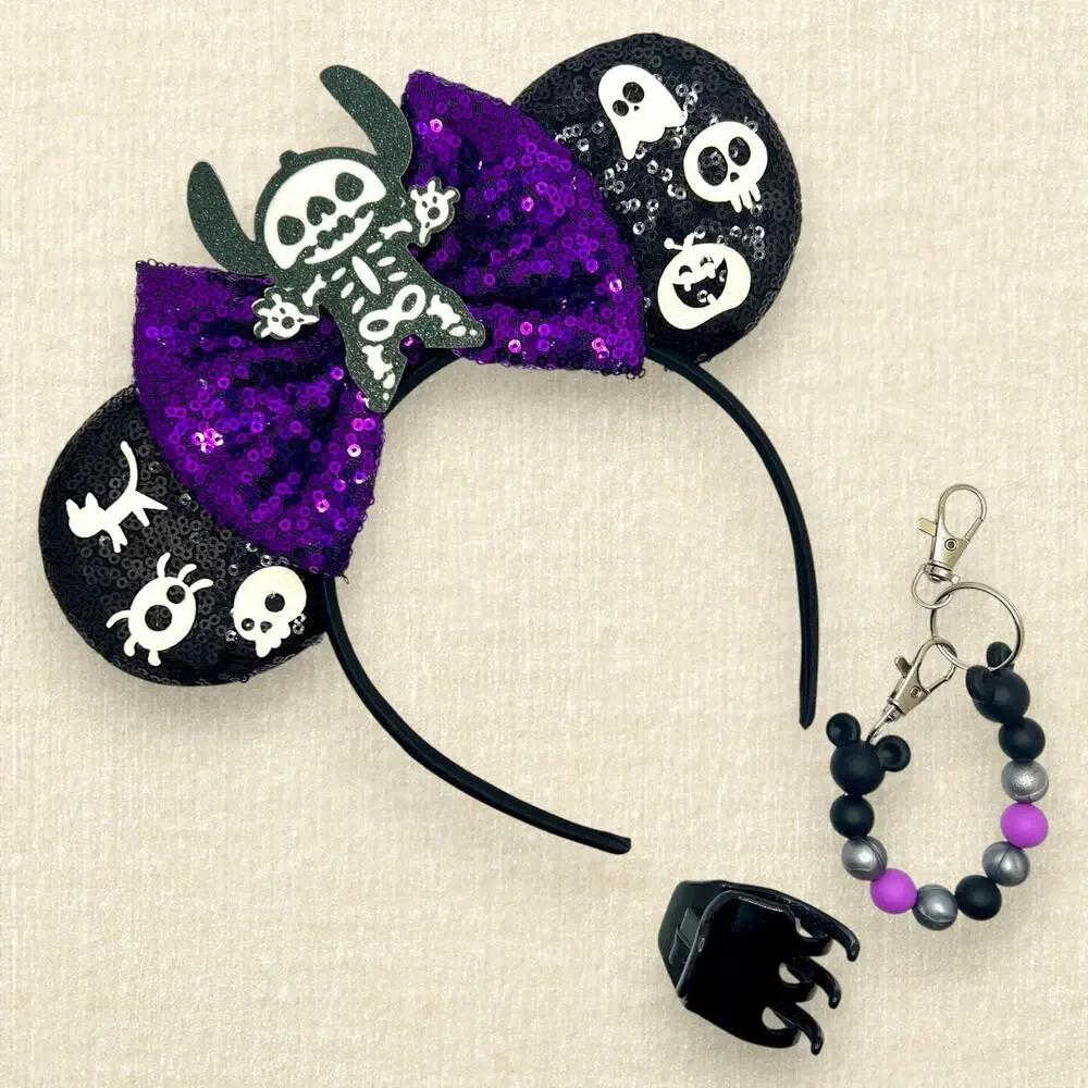 Black Sequin Skeleton Stitch Minnie Ears | Disney-Inspired Halloween Mouse Ears